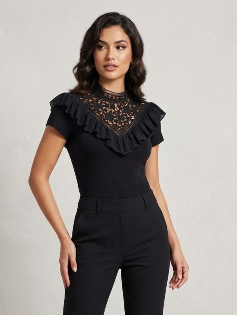 Ted Baker London Aurra Lace Yoke Ruffle High-Neck Top